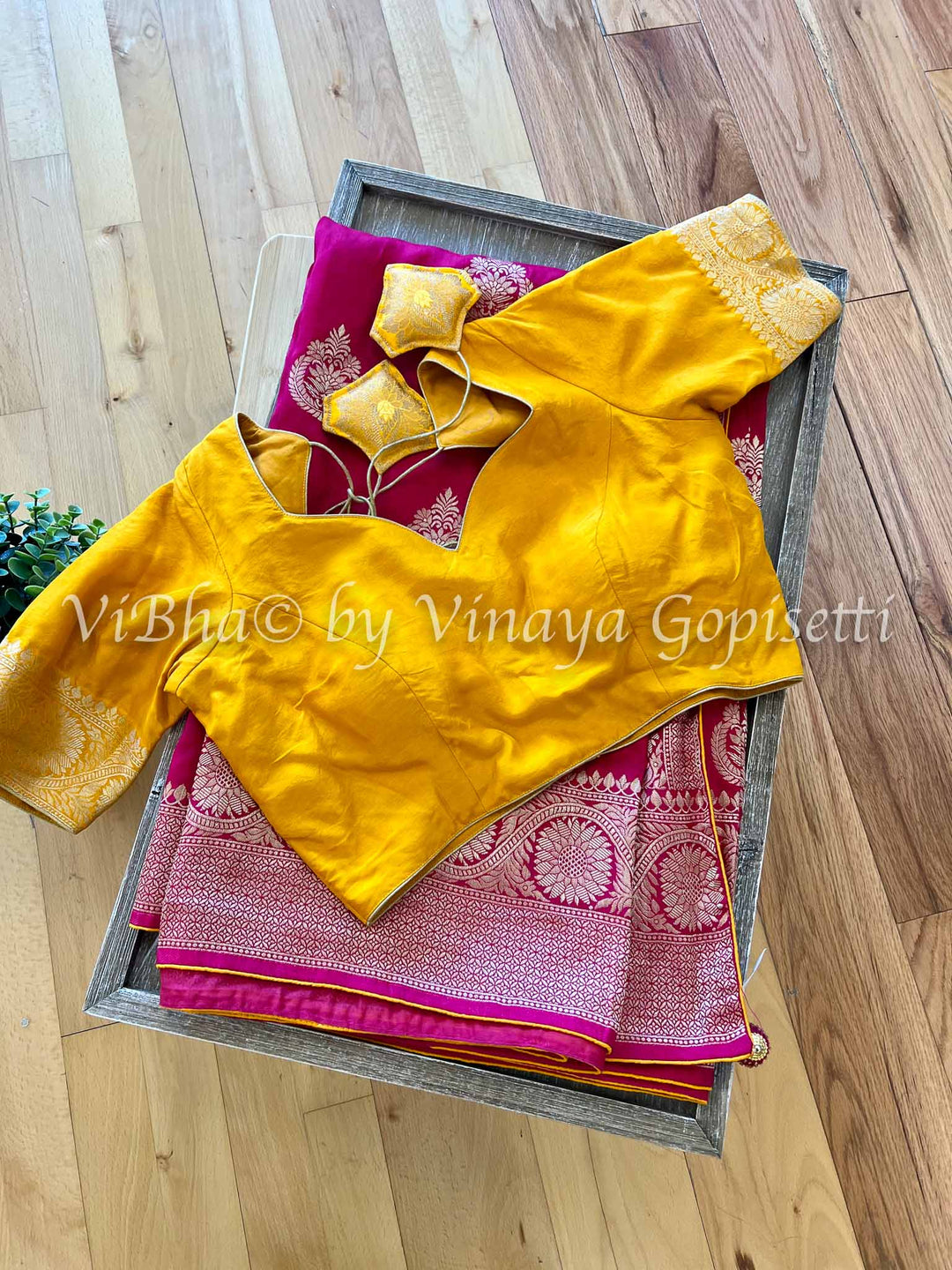 Fancy Saree - Dark Pink & Dark Yellow Dola Silk Saree