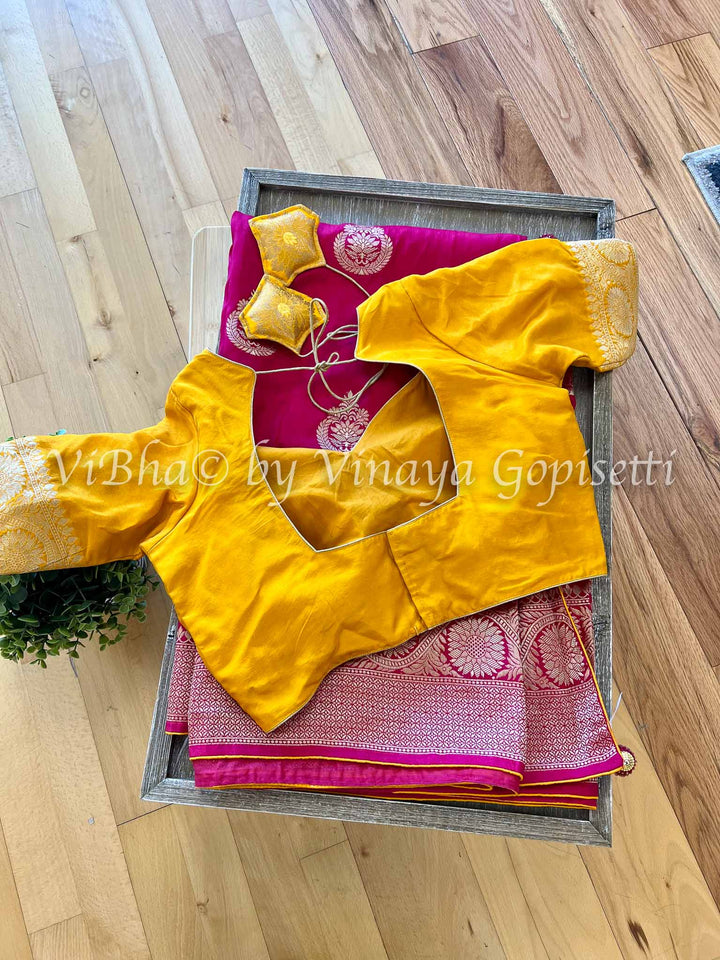 Fancy Saree - Dark Pink & Dark Yellow Dola Silk Saree