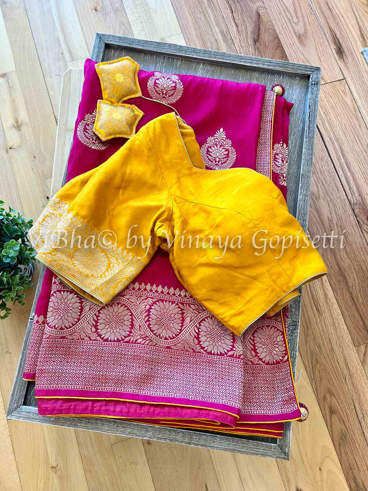 Fancy Saree - Dark Pink & Dark Yellow Dola Silk Saree