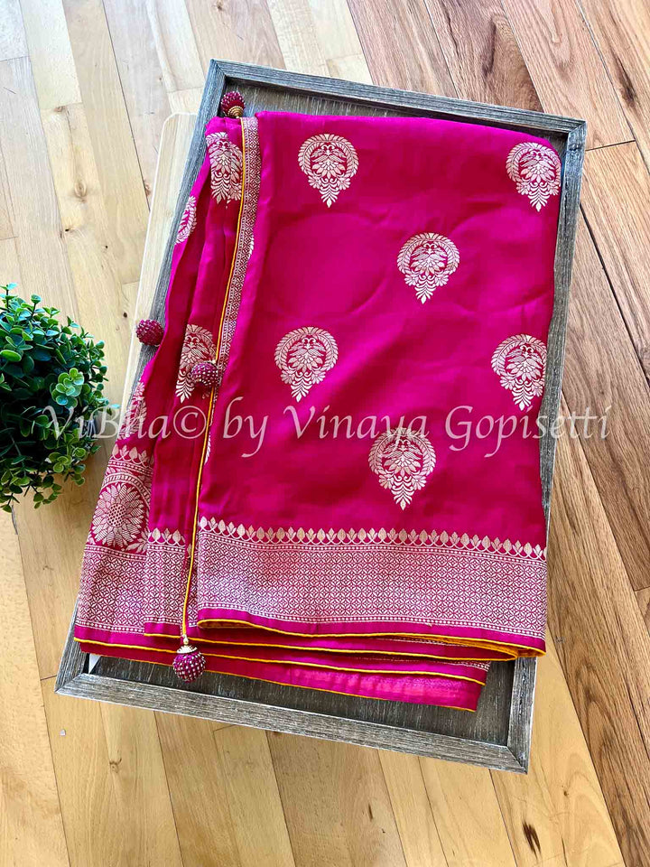 Fancy Saree - Dark Pink & Dark Yellow Dola Silk Saree