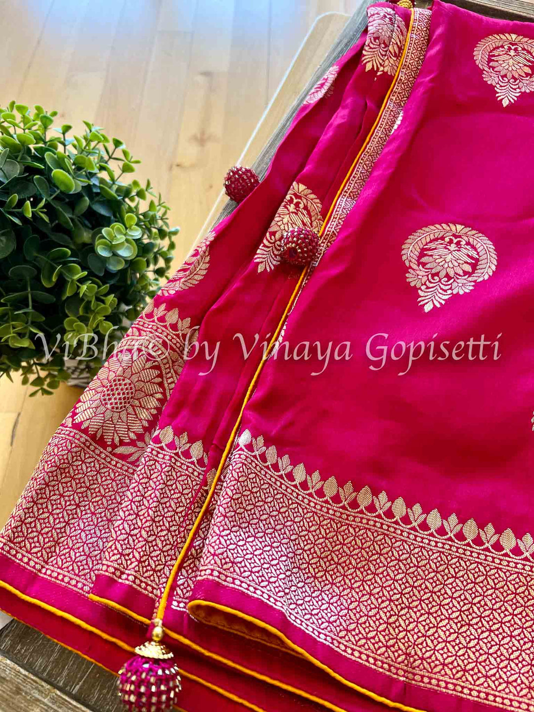 Fancy Saree - Dark Pink & Dark Yellow Dola Silk Saree