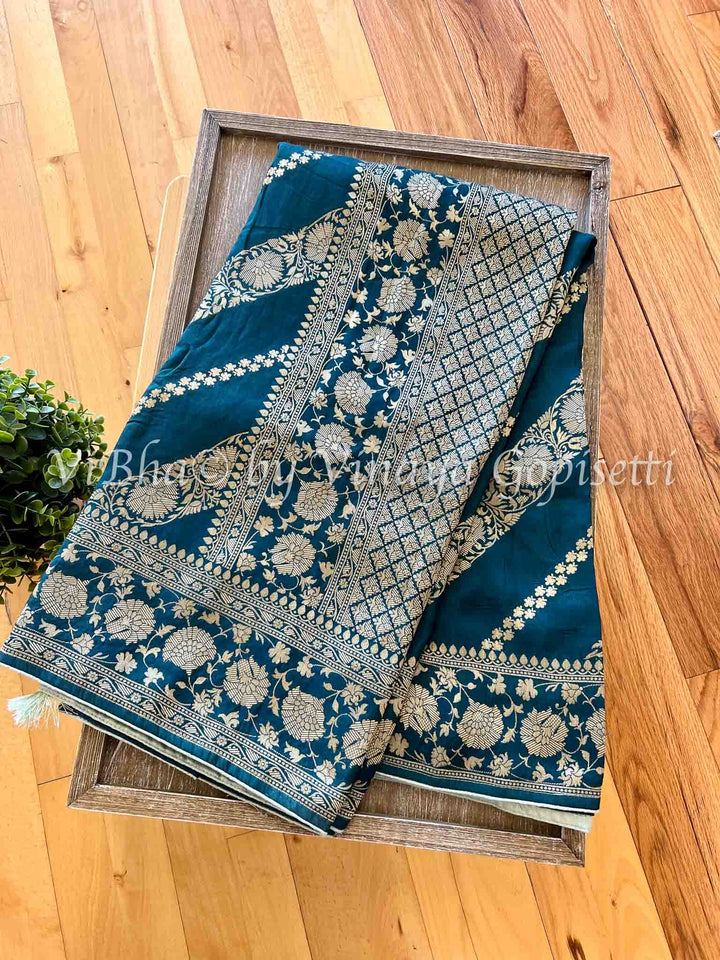 Fancy Saree - Peacock Blue & Ice Blue Dola Silk Saree