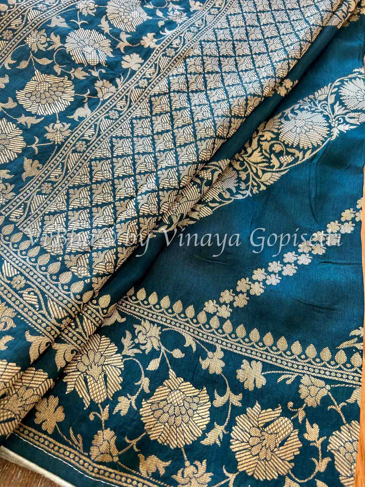 Fancy Saree - Peacock Blue & Ice Blue Dola Silk Saree