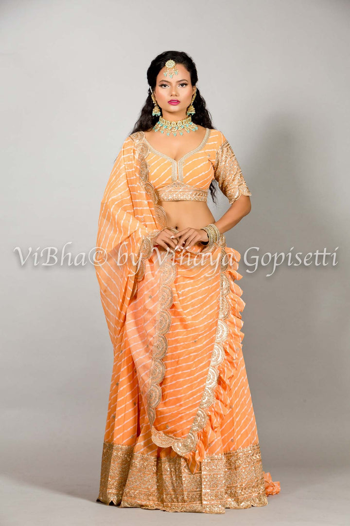 Georgette Lehenga - Orange Shell Leheriya Lehenga