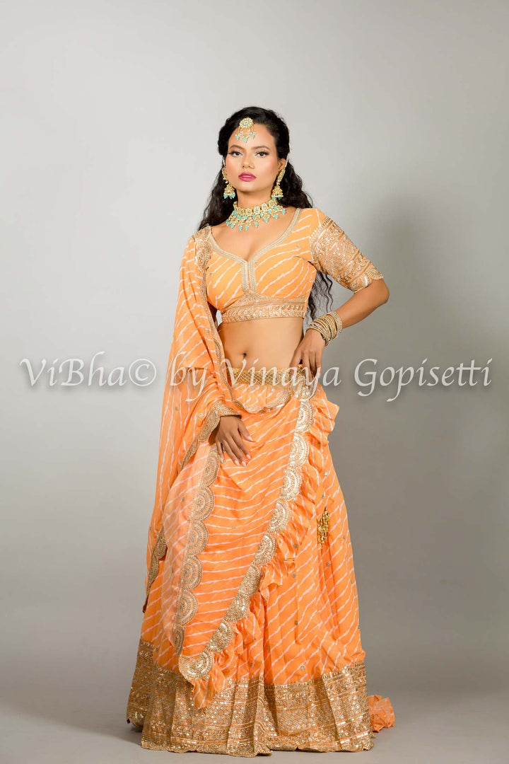 Georgette Lehenga - Orange Shell Leheriya Lehenga