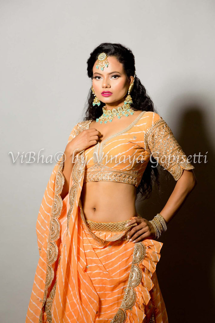 Georgette Lehenga - Orange Shell Leheriya Lehenga