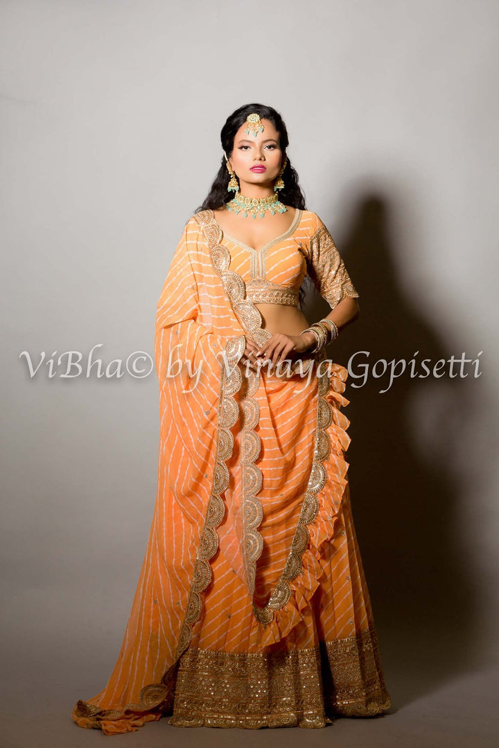 Georgette Lehenga - Orange Shell Leheriya Lehenga