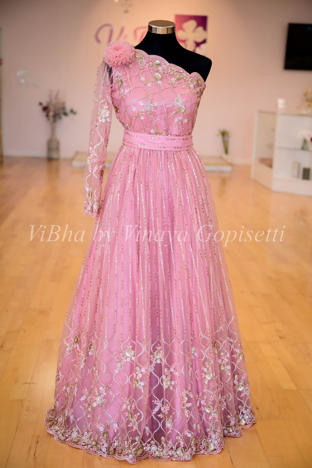 Gowns - Pastel Pink One Shoulder Embroidered Gown With Waist Belt