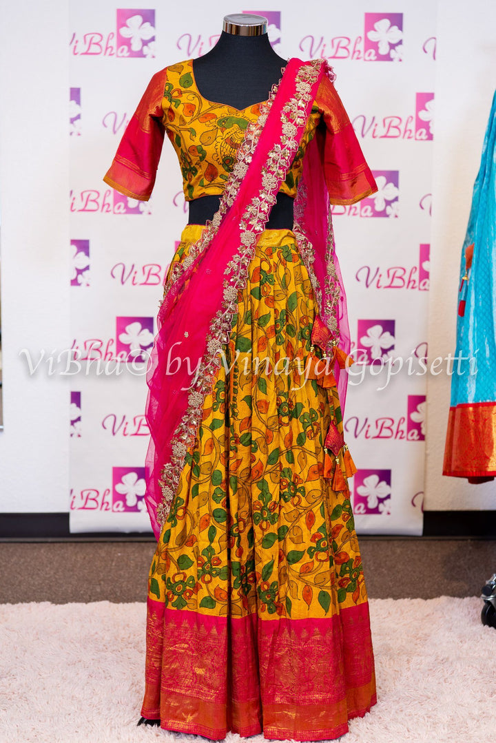 KALAMKARI LEHENGA - Yellow And Pink Kalamkari Lehenga