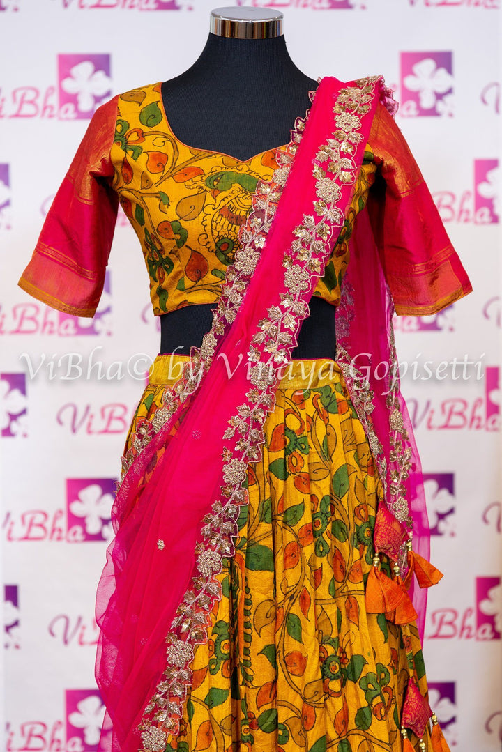 KALAMKARI LEHENGA - Yellow And Pink Kalamkari Lehenga