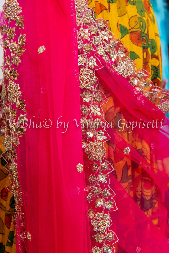 KALAMKARI LEHENGA - Yellow And Pink Kalamkari Lehenga