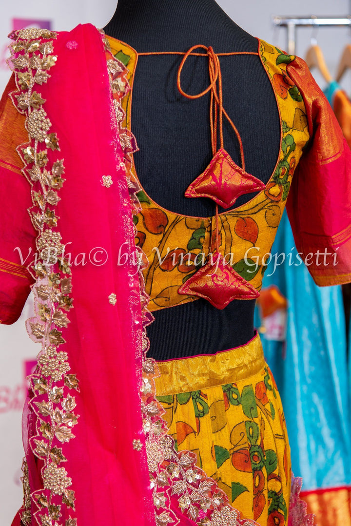 KALAMKARI LEHENGA - Yellow And Pink Kalamkari Lehenga