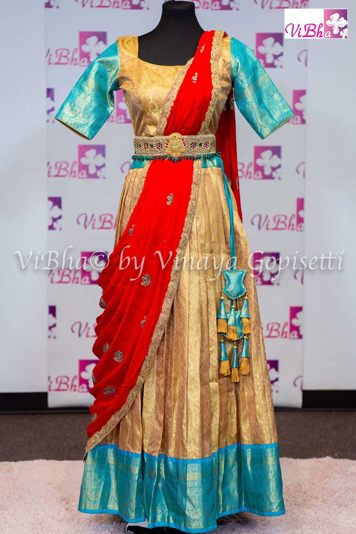 KANCHI PATTU LEHENGA - Gold And Sky Blue Kanchi Pattu Lehnenga