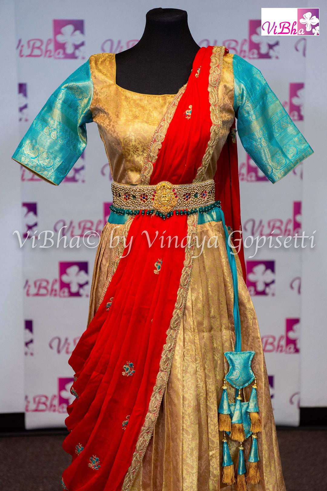 KANCHI PATTU LEHENGA - Gold And Sky Blue Kanchi Pattu Lehnenga