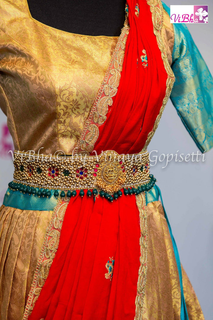 KANCHI PATTU LEHENGA - Gold And Sky Blue Kanchi Pattu Lehnenga