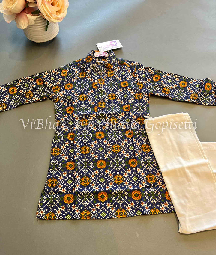 Kids Wear - Patola Handloom Cotton Kurta With Bottom