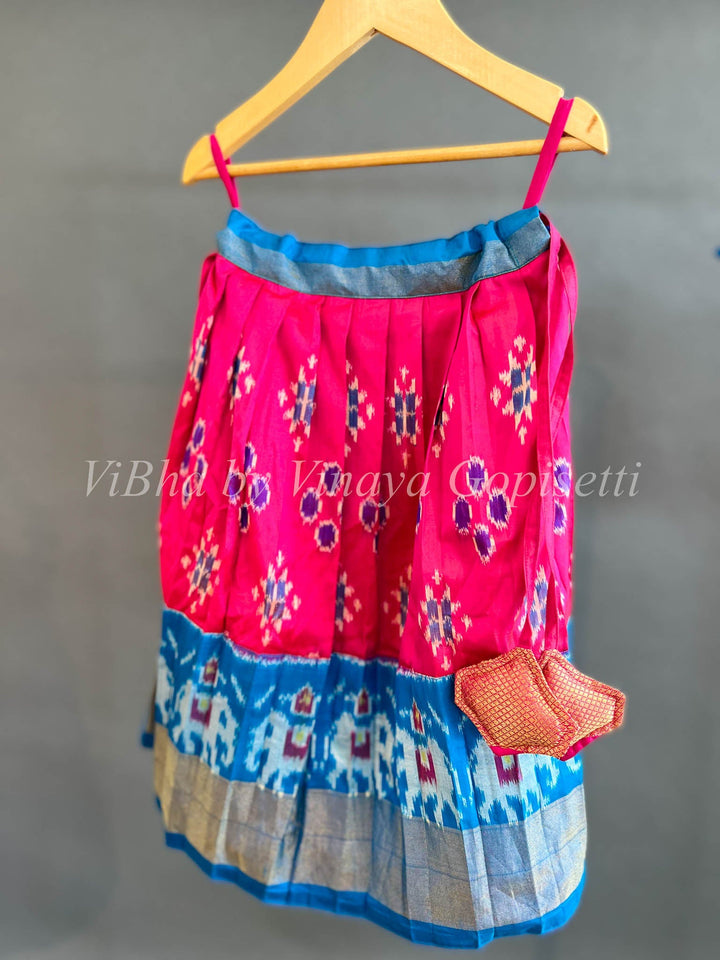 Kids Wear - Pink And Blue Ikkat Silk Skirt And Top