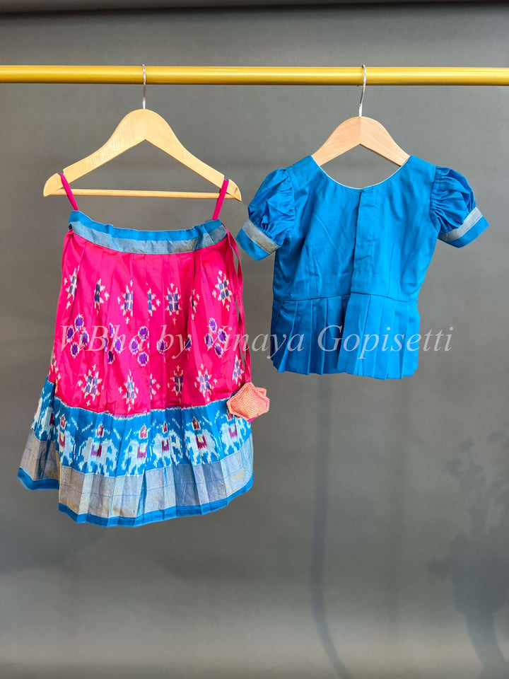 Kids Wear - Pink And Blue Ikkat Silk Skirt And Top