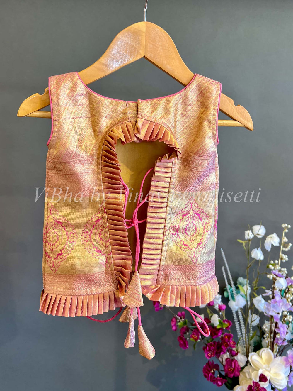 Kids Wear - Pink And Golden Tissue Kanchi Silk Skirt And Top