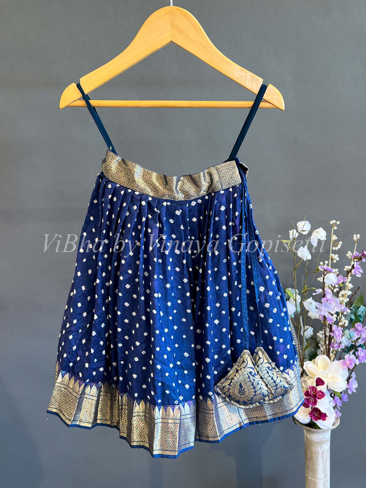 Kids Wear - Pink And Navy Blue Kanchi Bandhani Silk Skirt And Top