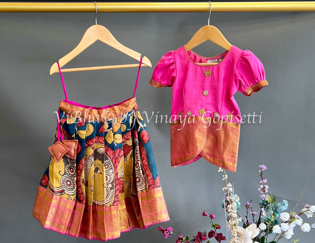 Kids Wear - Pink Kanchi Pen Kalamkari Skirt And Top