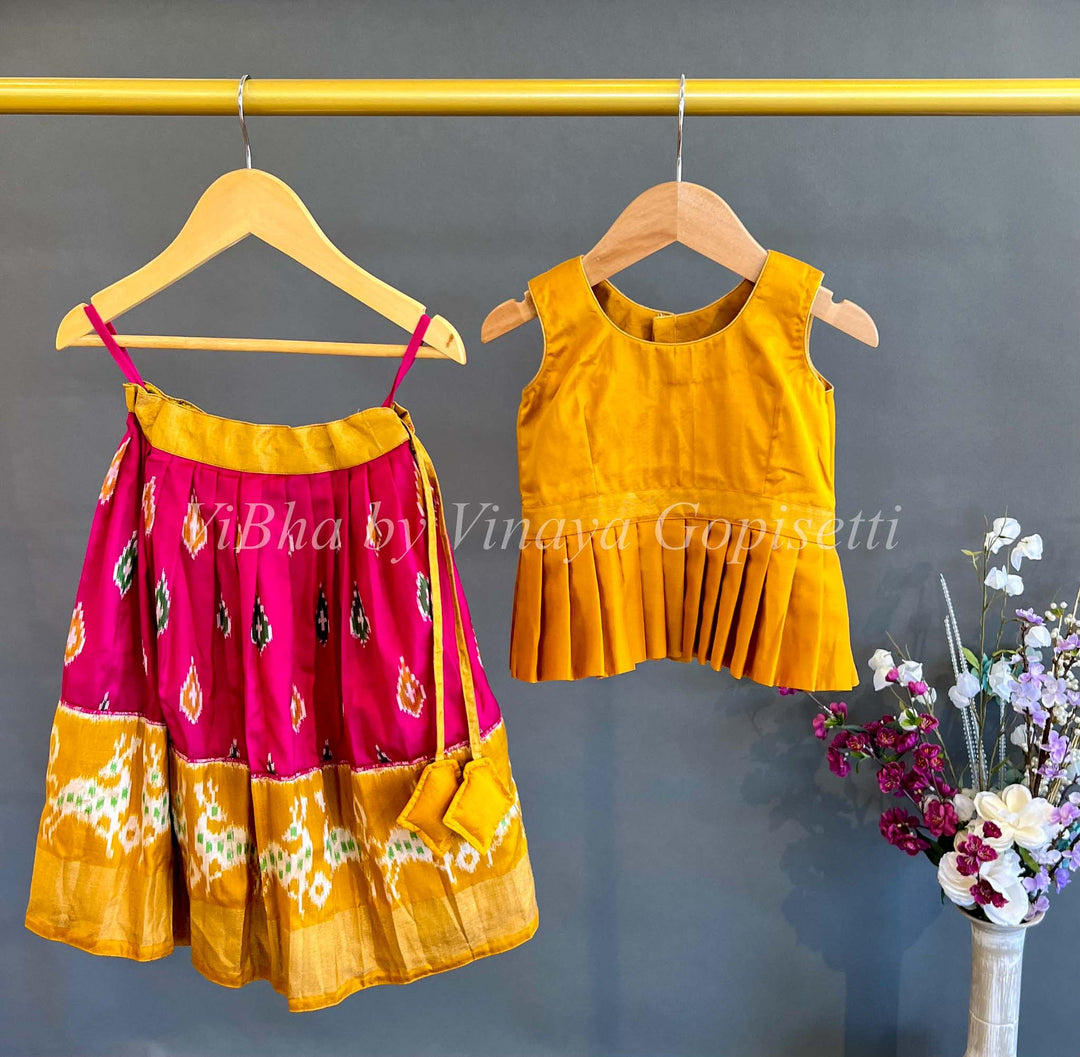 Kids Wear - Rani Pink And Mustard Yellow Ikkat Silk Skirt And Top