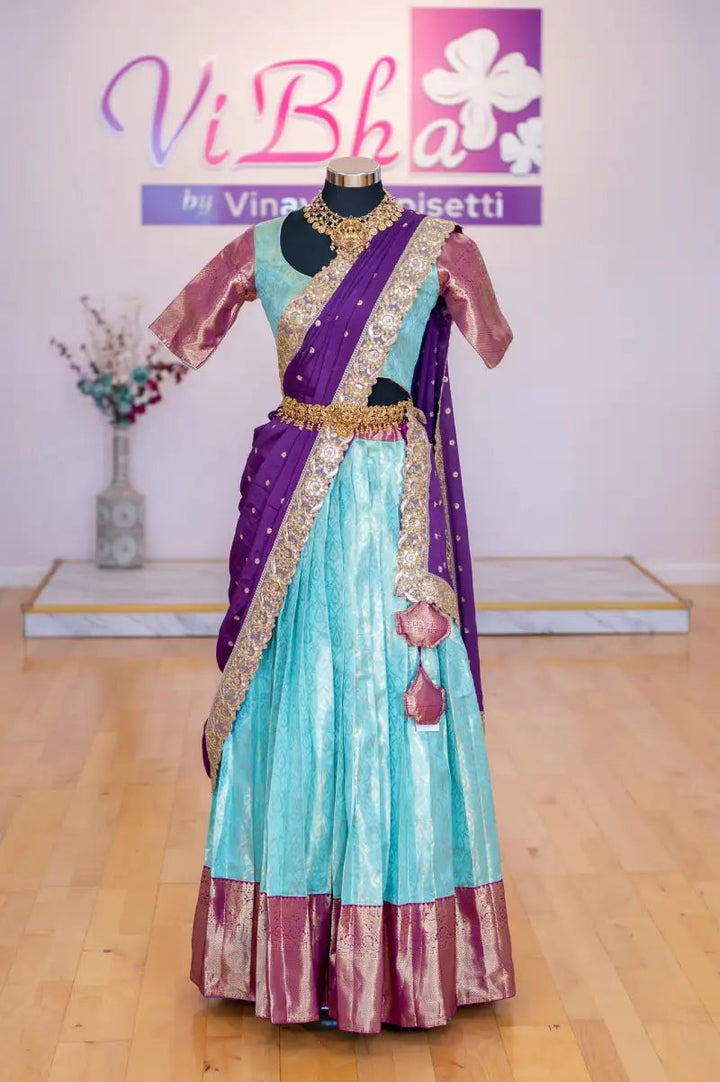 Lehengas - Aqua Blue And Magenta Kanjivaram Silk Lehenga