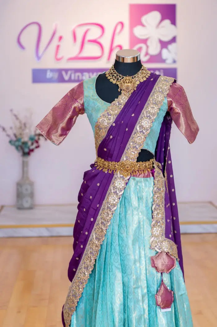 Lehengas - Aqua Blue And Magenta Kanjivaram Silk Lehenga