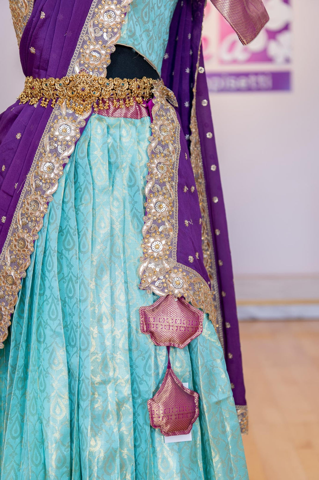 Lehengas - Aqua Blue And Magenta Kanjivaram Silk Lehenga