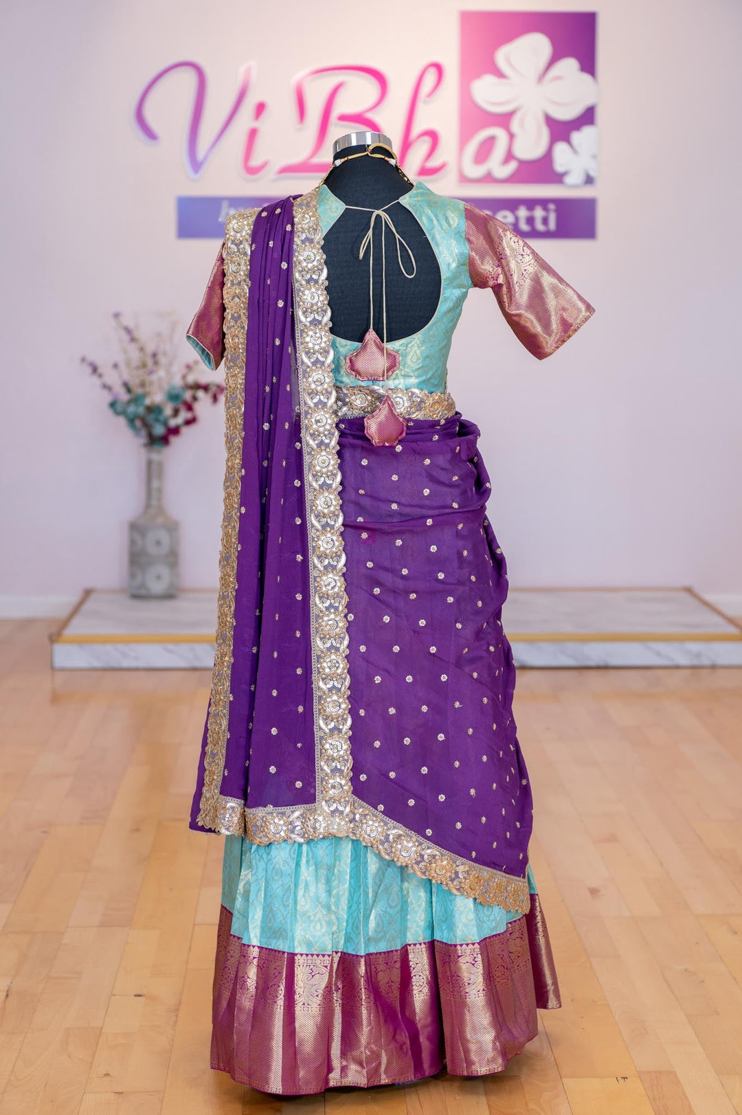 Lehengas - Aqua Blue And Magenta Kanjivaram Silk Lehenga