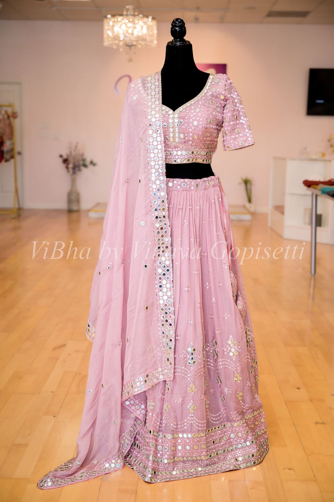 Lehengas - Blush Pink Faux Mirror Work Embroidered Lehenga Set