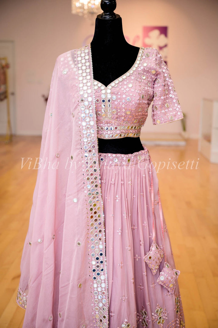 Lehengas - Blush Pink Faux Mirror Work Embroidered Lehenga Set