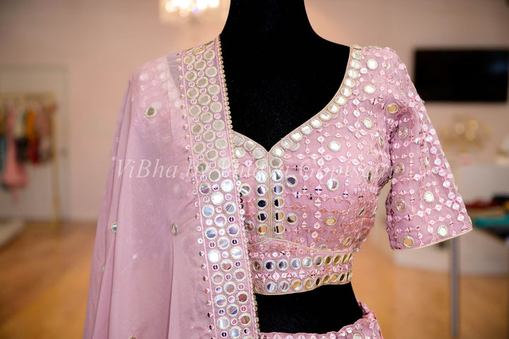 Lehengas - Blush Pink Faux Mirror Work Embroidered Lehenga Set