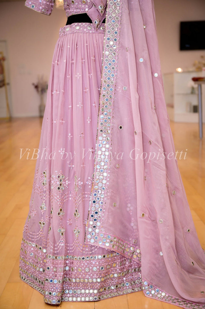 Lehengas - Blush Pink Faux Mirror Work Embroidered Lehenga Set