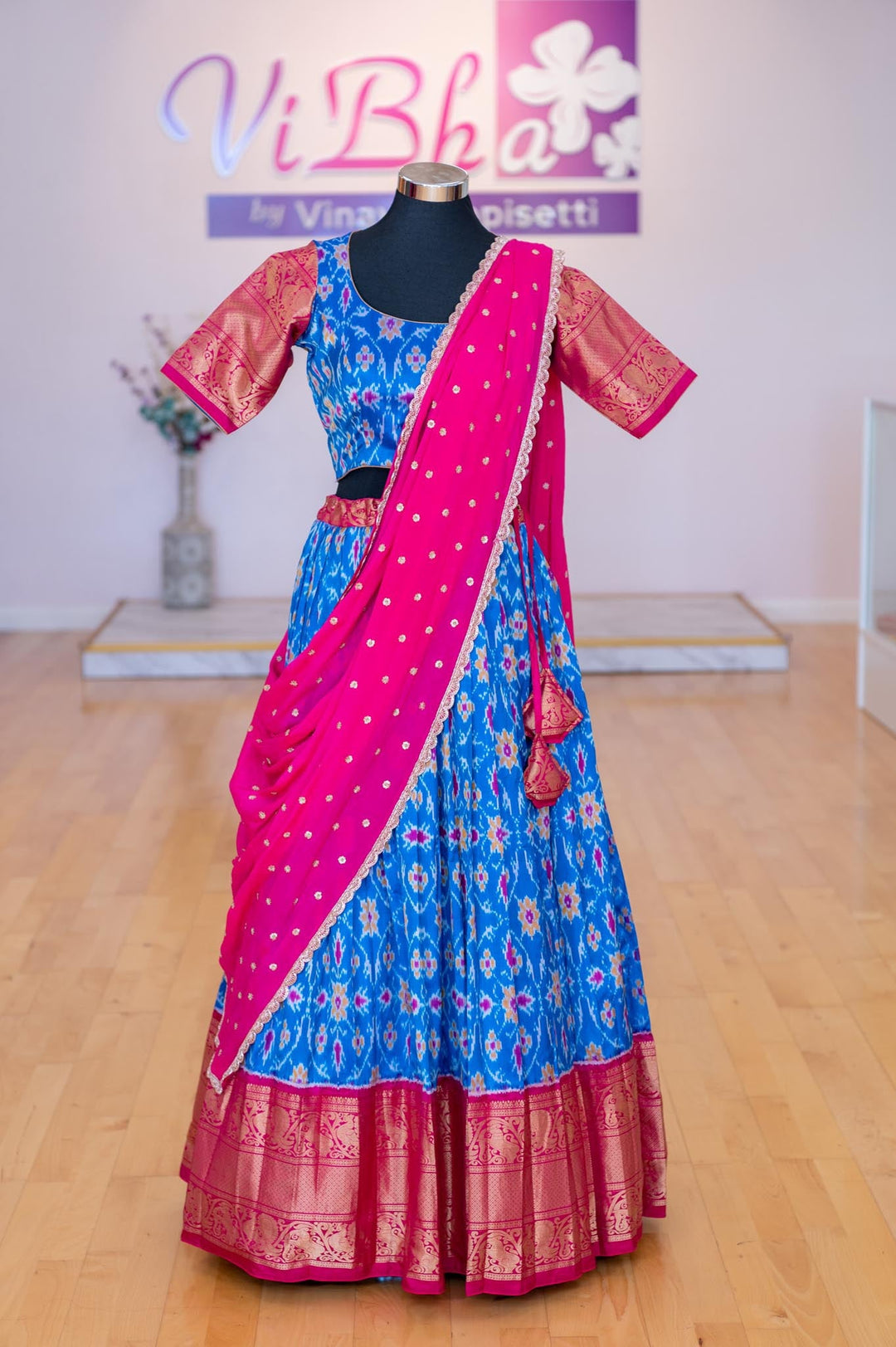 Lehengas - Dark Sky Blue And Pink Ikkat Silk Lehenga