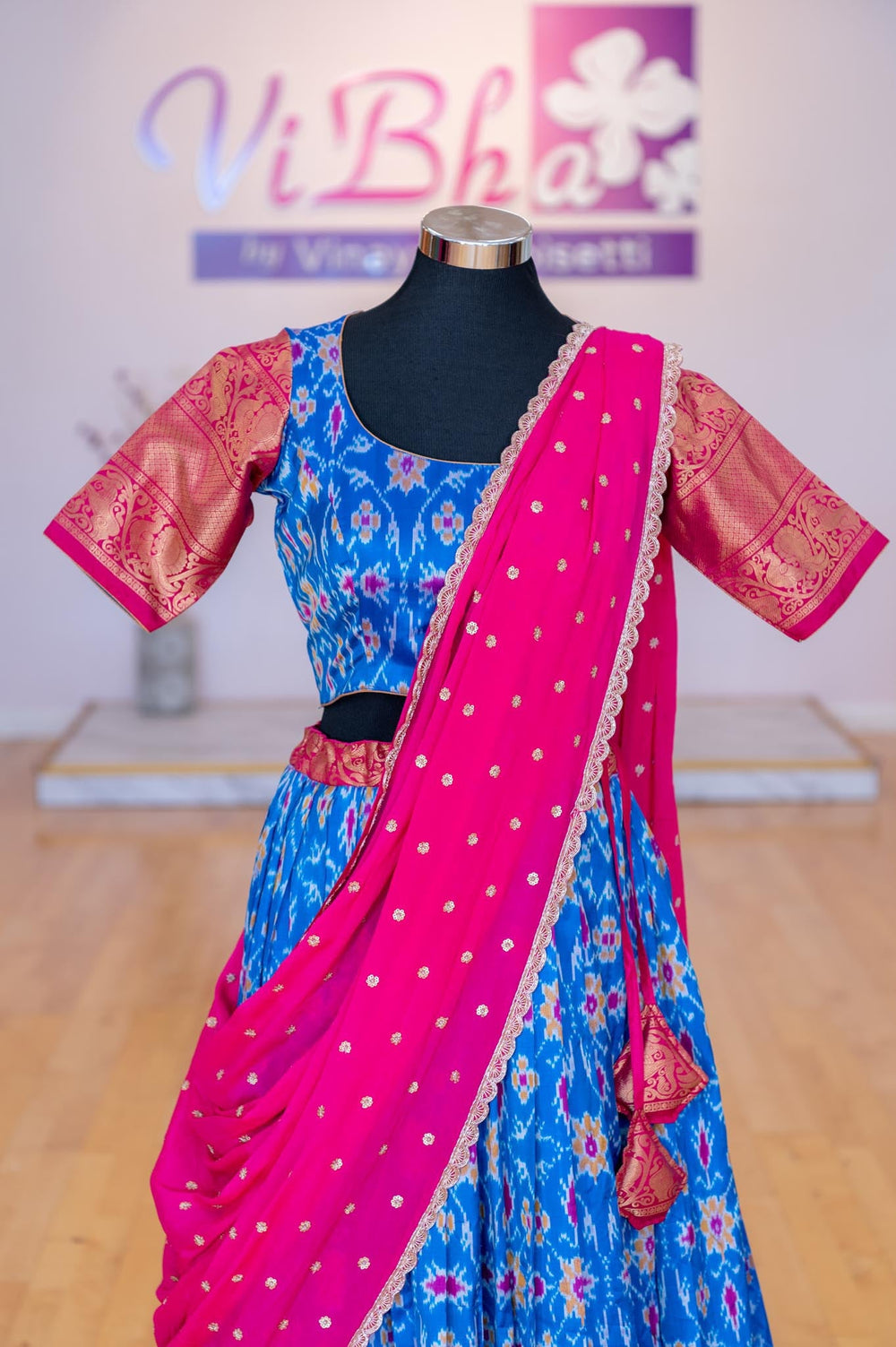 Lehengas - Dark Sky Blue And Pink Ikkat Silk Lehenga