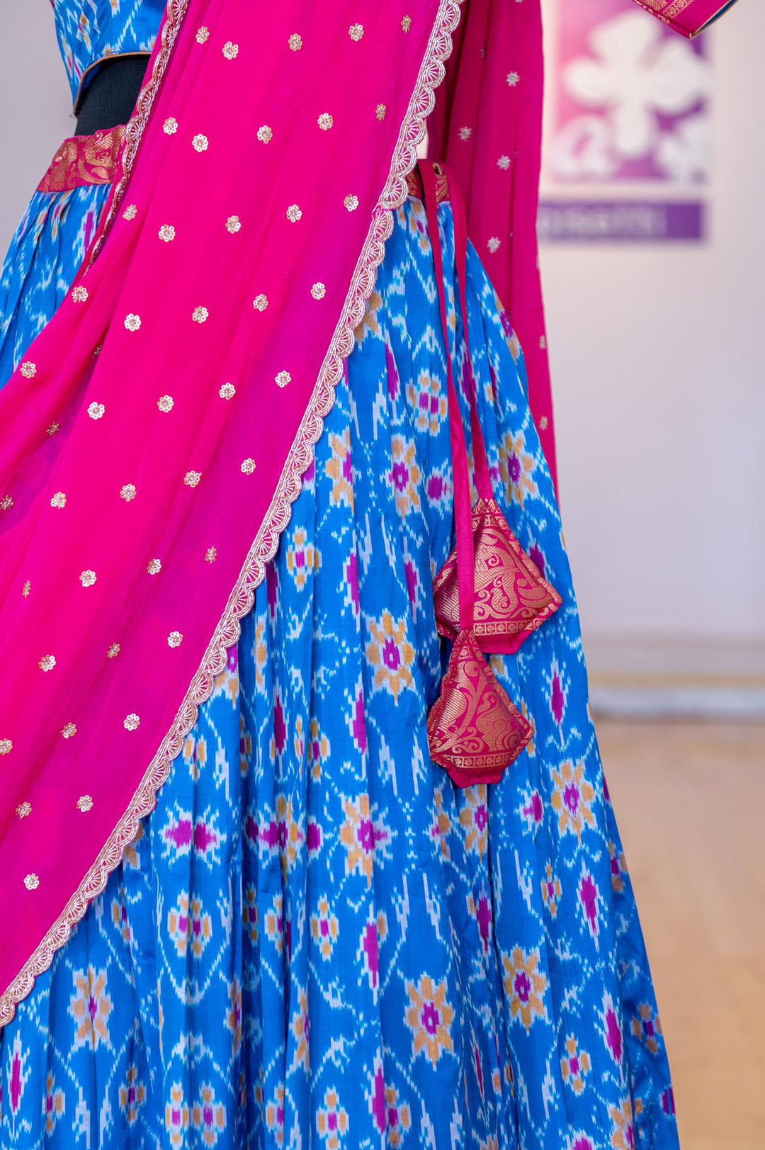 Lehengas - Dark Sky Blue And Pink Ikkat Silk Lehenga