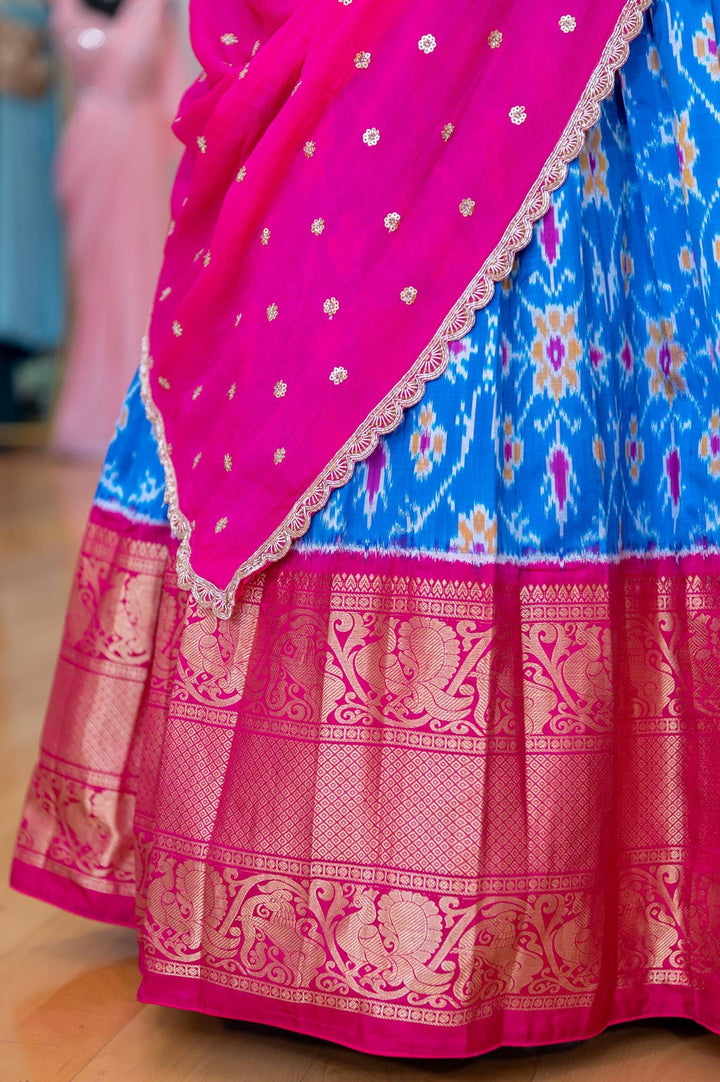 Lehengas - Dark Sky Blue And Pink Ikkat Silk Lehenga