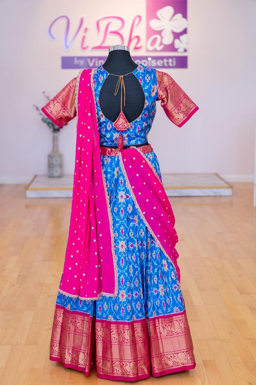 Lehengas - Dark Sky Blue And Pink Ikkat Silk Lehenga