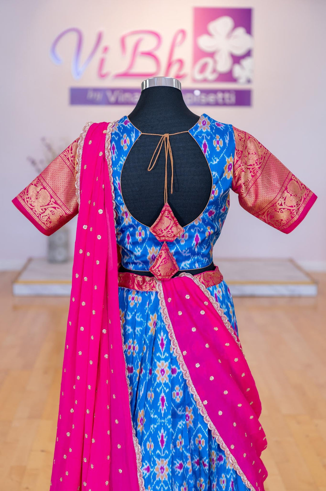 Lehengas - Dark Sky Blue And Pink Ikkat Silk Lehenga