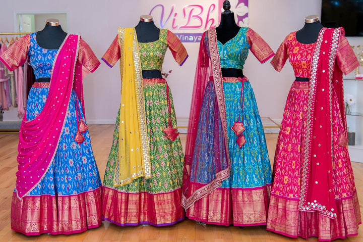 Lehengas - Dark Sky Blue And Pink Ikkat Silk Lehenga