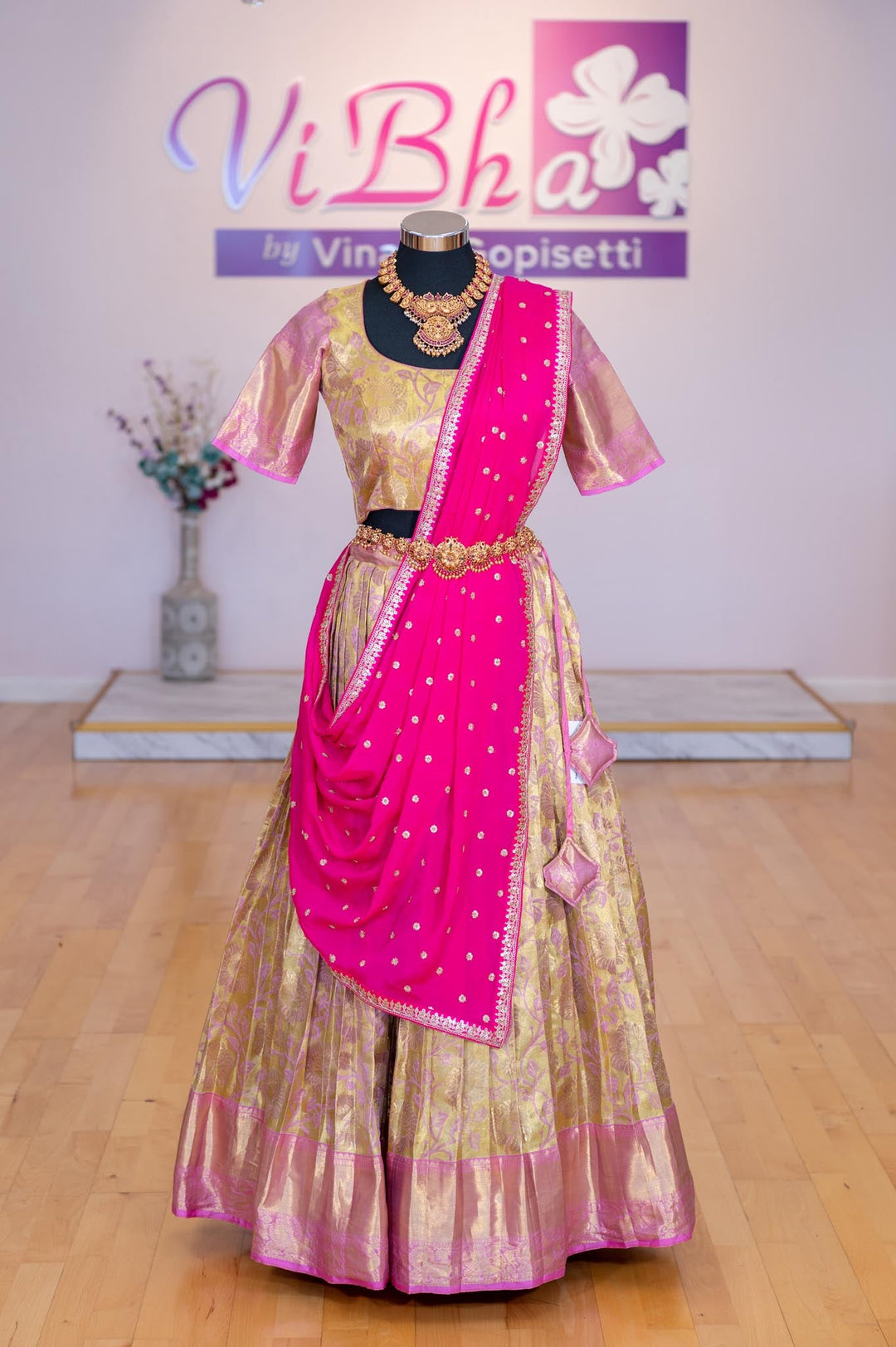 Lehengas - Gold And Light Pink Border Kanjivaram Silk Lehenga