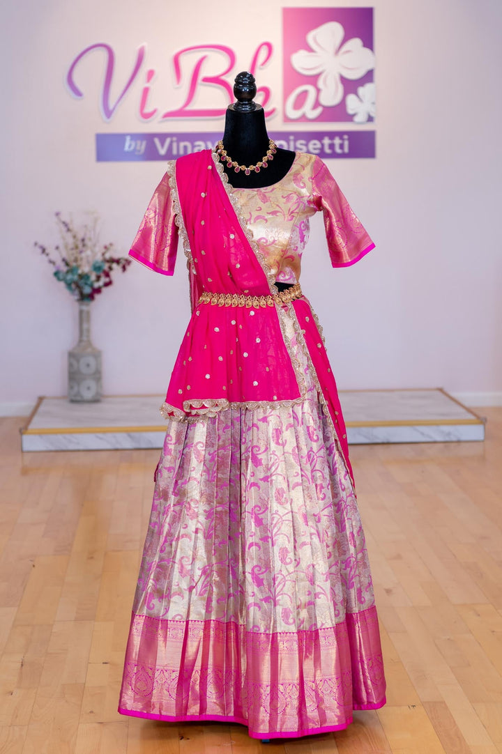 Lehengas - Gold And Pink Border Kanjivaram Silk Lehenga