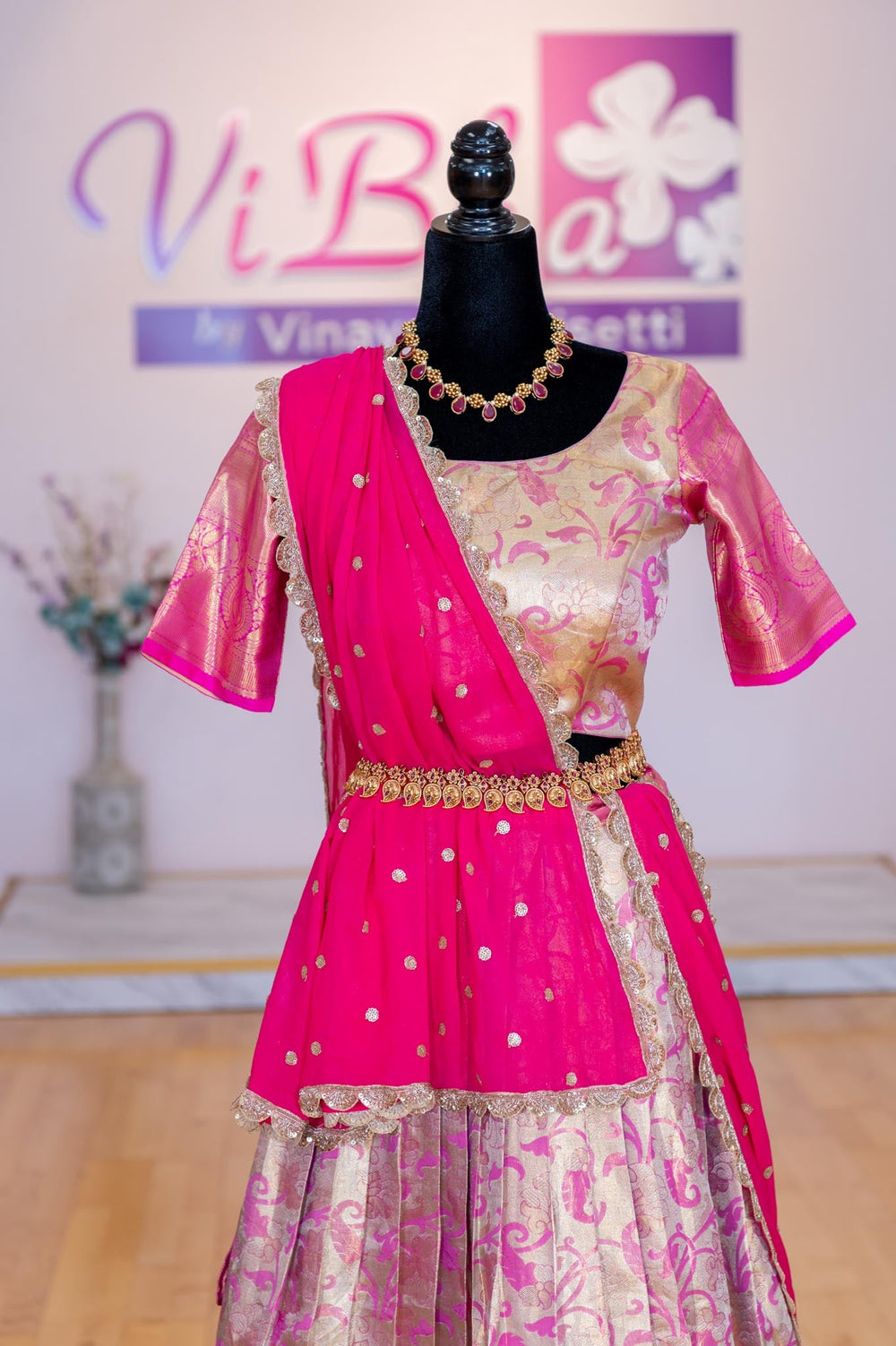 Lehengas - Gold And Pink Border Kanjivaram Silk Lehenga