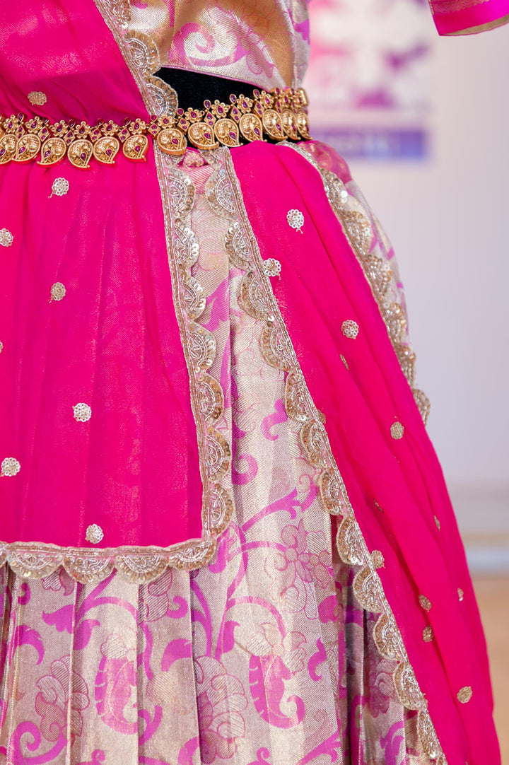 Lehengas - Gold And Pink Border Kanjivaram Silk Lehenga