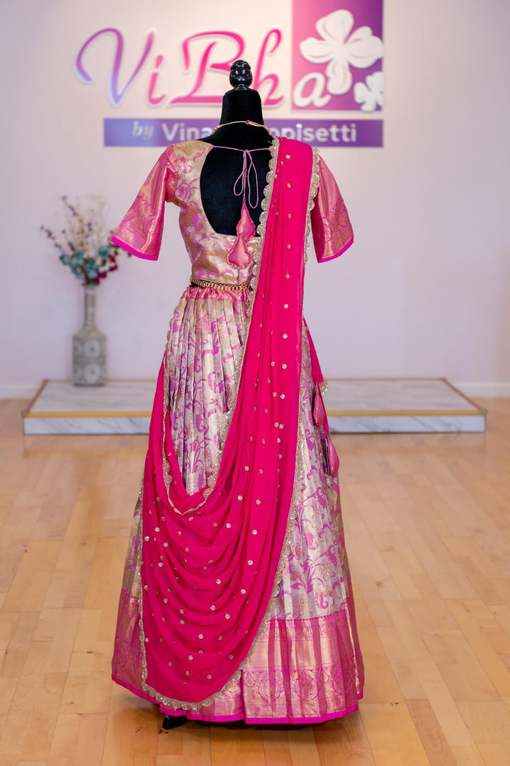 Lehengas - Gold And Pink Border Kanjivaram Silk Lehenga