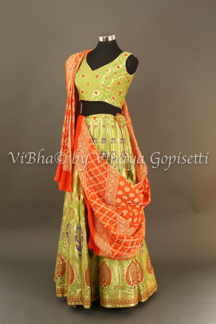 Lehengas - Green Banarasi Silk Lehenga