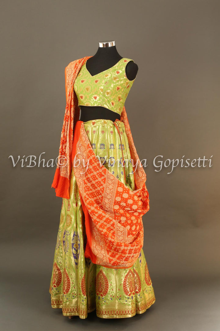 Lehengas - Green Banarasi Silk Lehenga