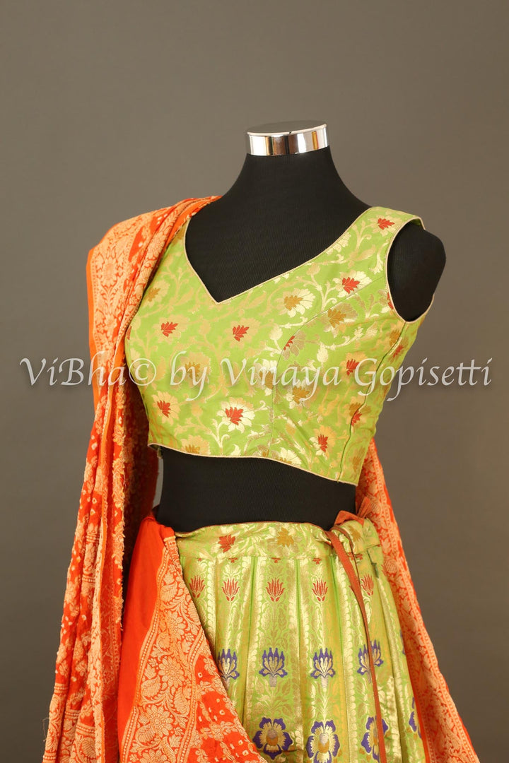 Lehengas - Green Banarasi Silk Lehenga