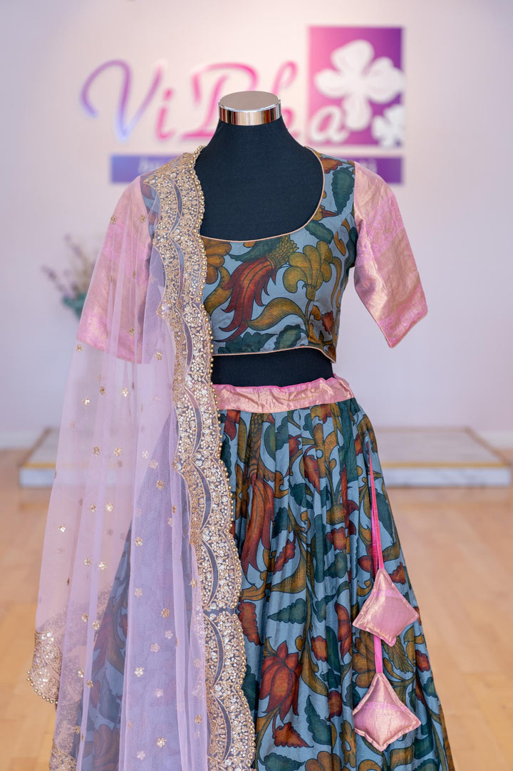 Lehengas - Grey And Light Pink Pen Kalamkari Lehenga